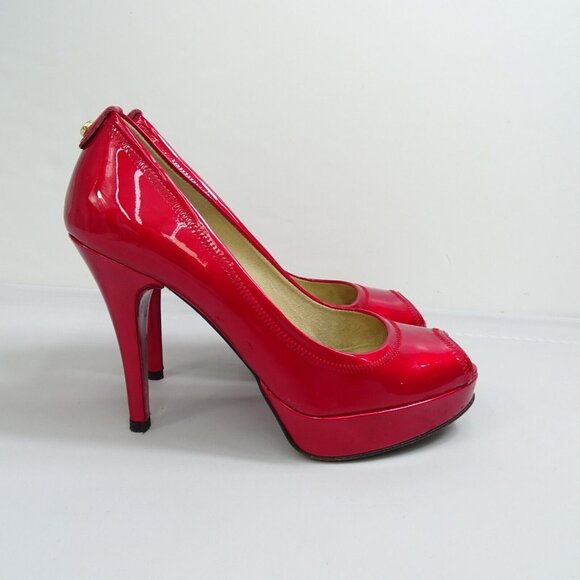 Stuart Weitzman Candy Apple Red Patent Leather‎ Peep-Toe Pumps Size 7 N Platform - Picture 2 of 9
